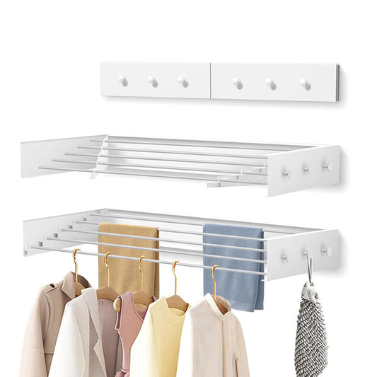 Wall Mounted Foldable Laundry Drying Rack with 6 Hooks Collapsible Clothes Drying Rack