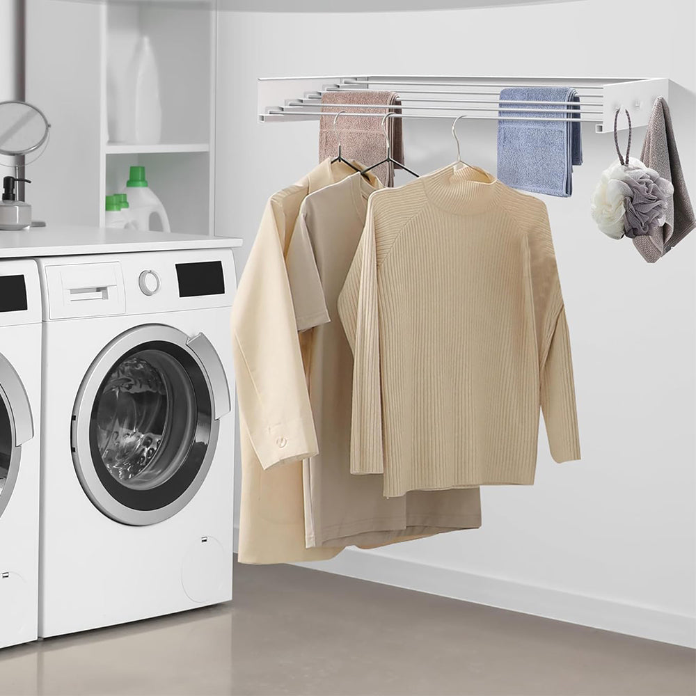 Wall Mounted Foldable Laundry Drying Rack with 6 Hooks Collapsible Clothes Drying Rack