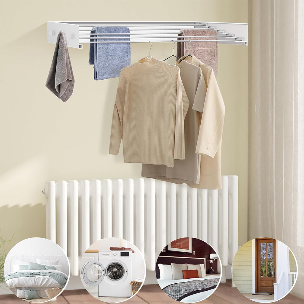 Wall Mounted Foldable Laundry Drying Rack with 6 Hooks Collapsible Clothes Drying Rack