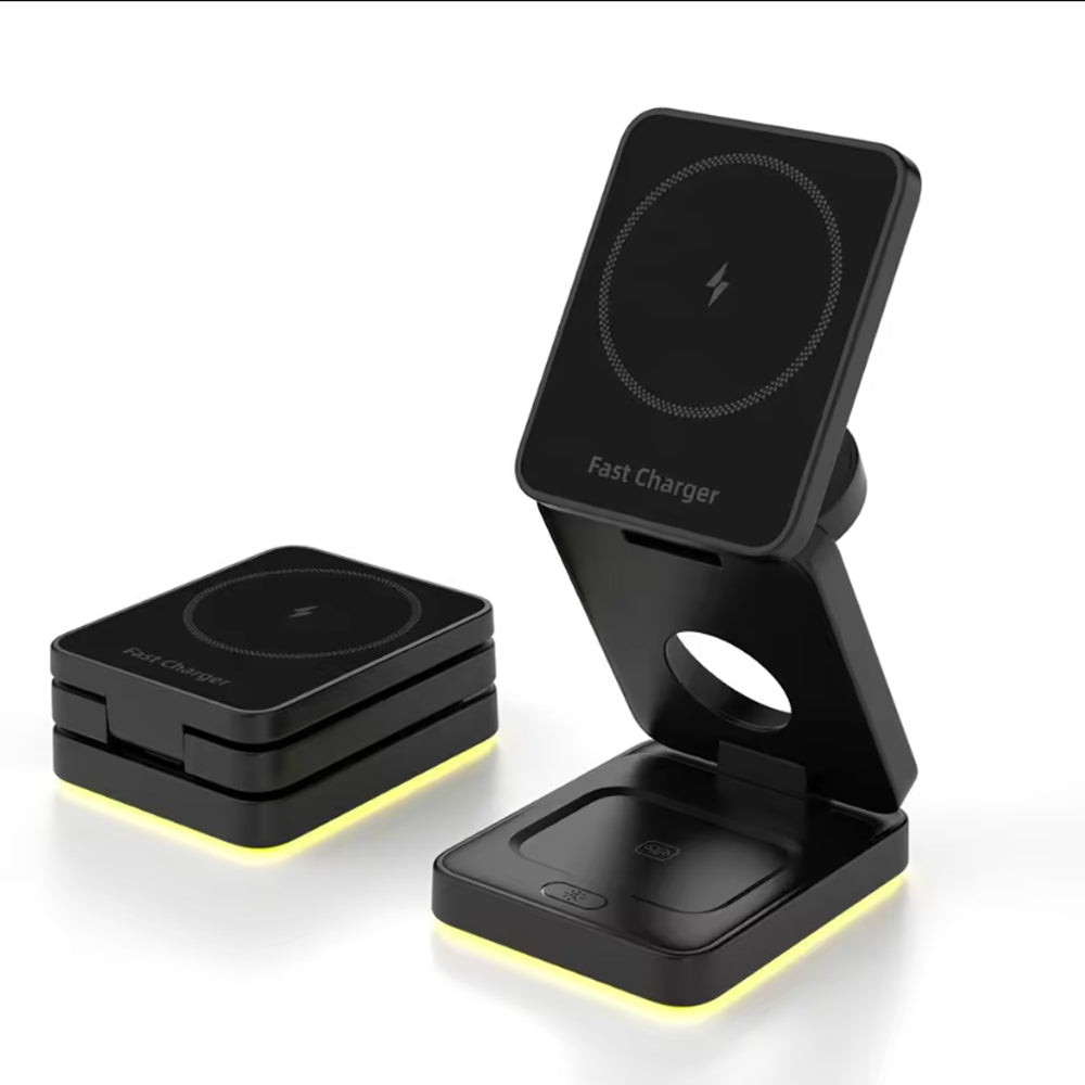 3-in-1 Wireless Fast Charging Station with LED Night Light Desk Charger Stand Dock for iPhone Apple Watch Airpods Black