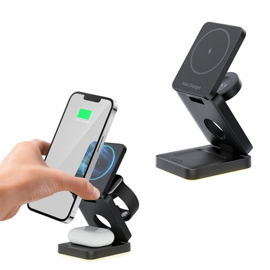 3-in-1 Wireless Fast Charging Station with LED Night Light Desk Charger Stand Dock for iPhone Apple Watch Airpods Black