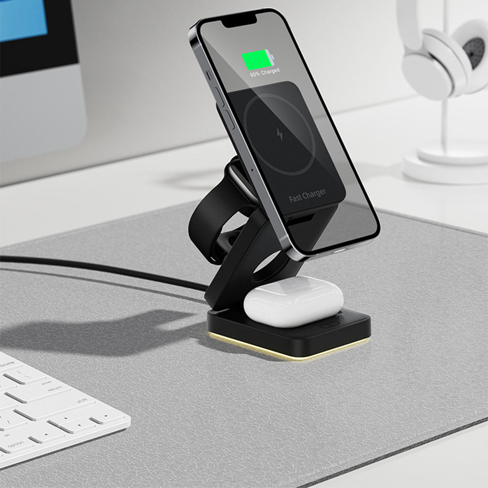3-in-1 Wireless Fast Charging Station with LED Night Light Desk Charger Stand Dock for iPhone Apple Watch Airpods Black