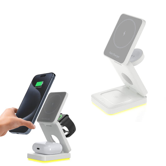 3-in-1 Wireless Fast Charging Station with LED Night Light Desk Charger Stand Dock for iPhone Apple Watch Airpods White