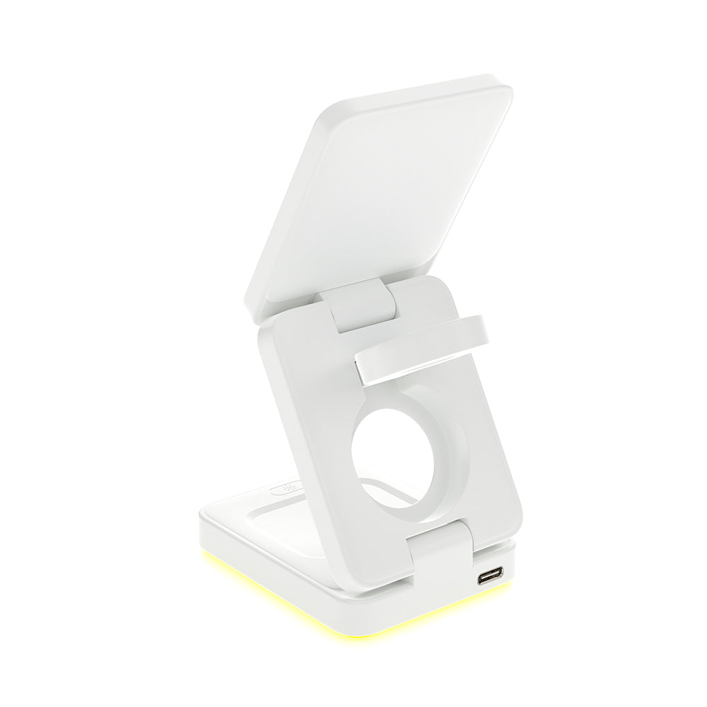 3-in-1 Wireless Fast Charging Station with LED Night Light Desk Charger Stand Dock for iPhone Apple Watch Airpods White