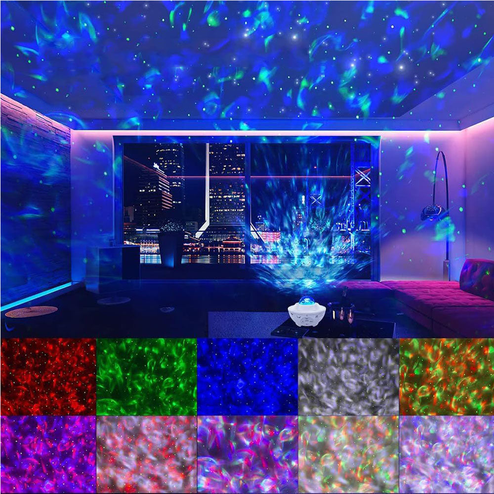 10-Lighting Color Star Projector Light with Bluetooth Music and Rotating with Water Ripple Effect White