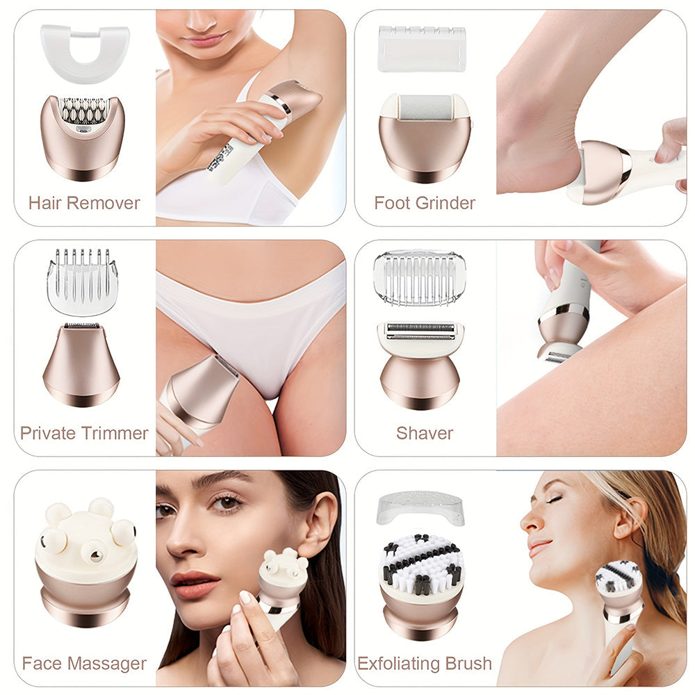6-in-1 Painless Electric Shaver for Women Cordless Face Foot Body Hair Grooming Set Rose Gold