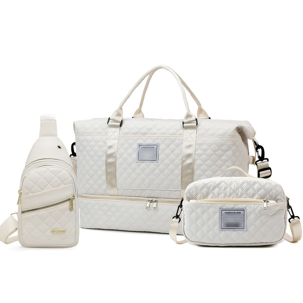 3 PCS Travel Duffle Bag Set with Shoe Compartment Beige
