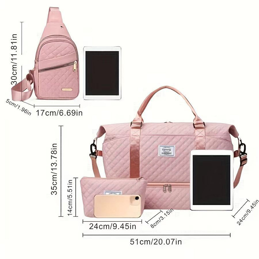 3 PCS Travel Duffle Bag Set with Shoe Compartment Pink