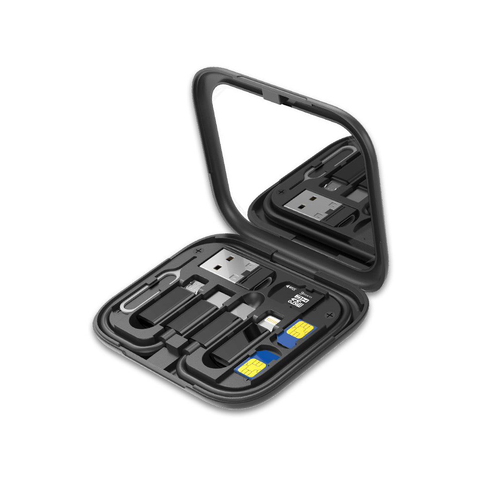 6-in-1 Cable Organizer Multifunctional Storage Box with Mirror for Travel Black