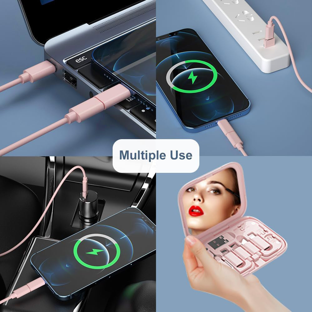 6-in-1 Cable Organizer Multifunctional Storage Box with Mirror for Travel Pink