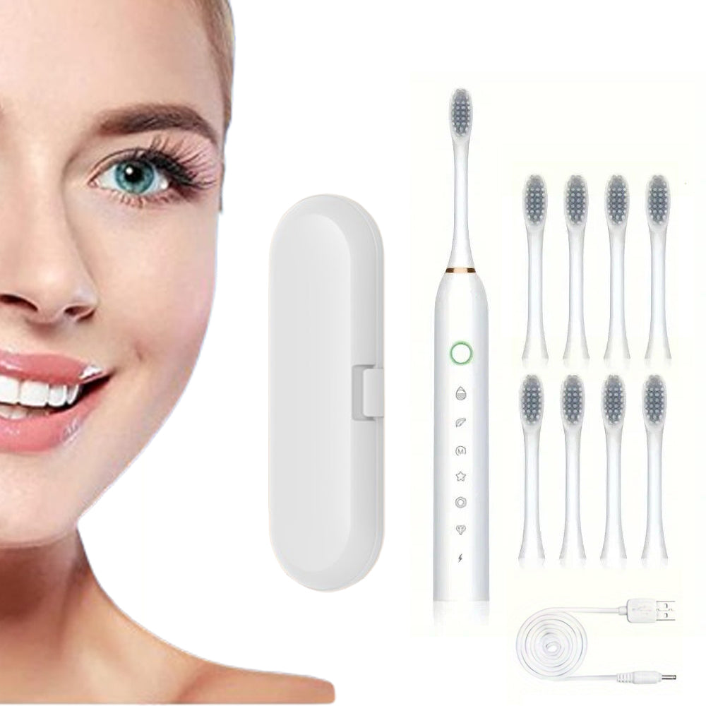 Electric Sonic Toothbrush Kit for Travel Trip Rechargeable Smart 6-Speed Toothbrush with 8 Heads White