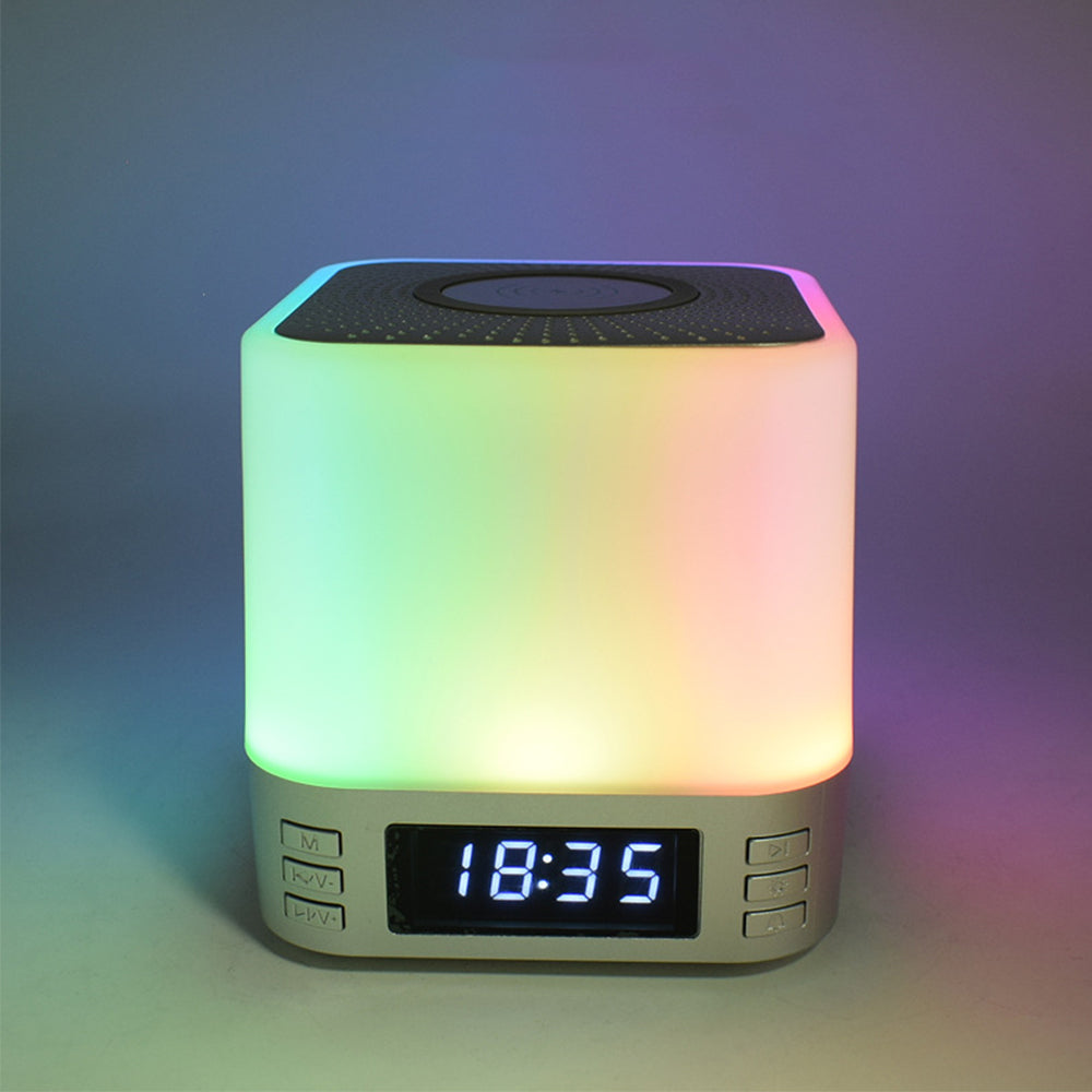 Multi-Purpose Bluetooth Speaker with 15W Fast Wireless Charging Function RGB LED Night Light Alarm Clock Silver