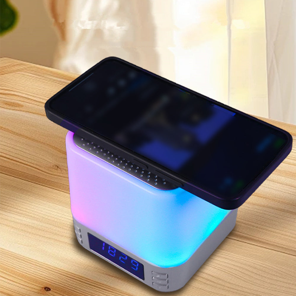 Multi-Purpose Bluetooth Speaker with 15W Fast Wireless Charging Function RGB LED Night Light Alarm Clock Silver