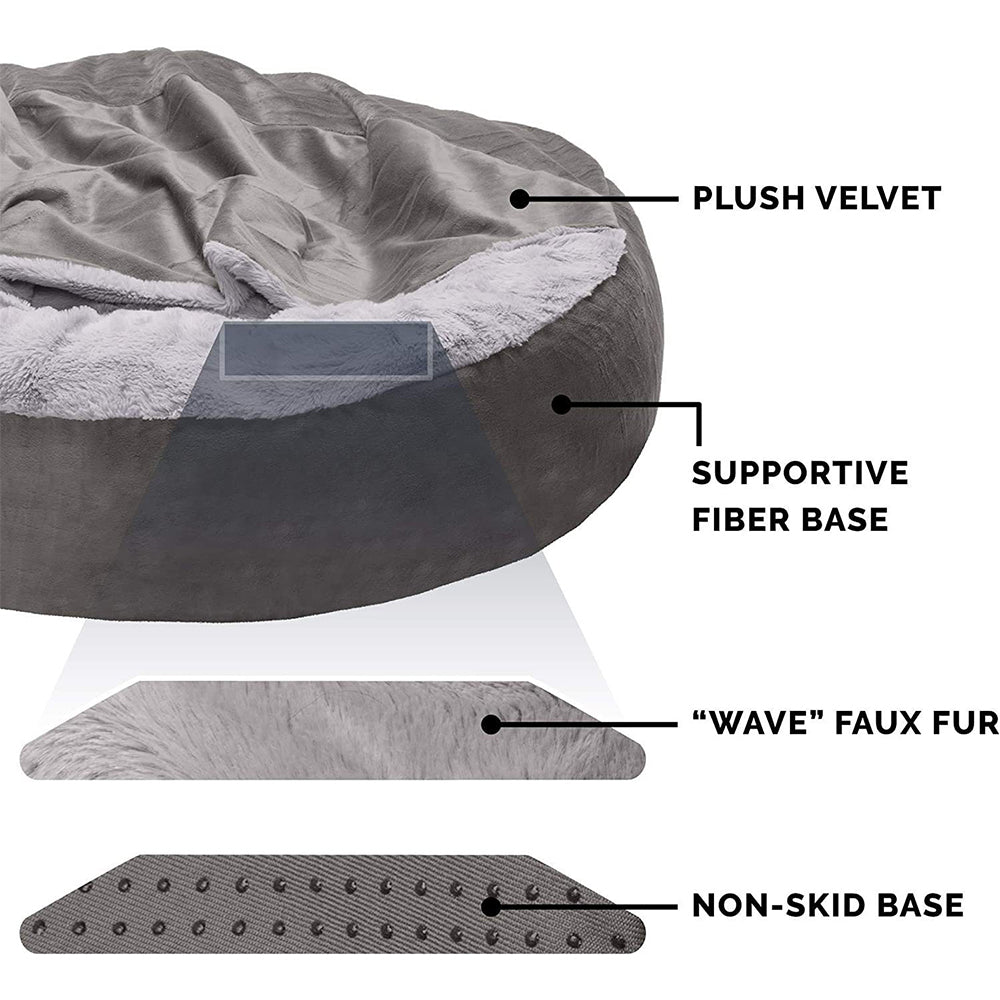 Round Donut Dog Bed Washable Plush Hooded Pet Nest