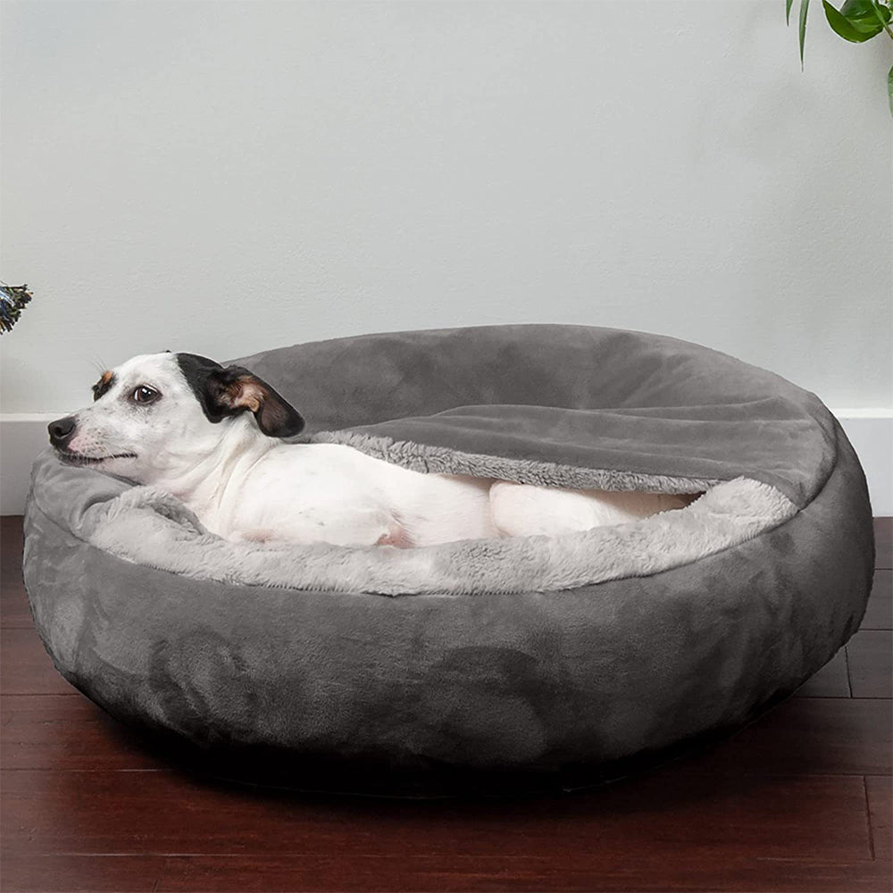 Round Donut Dog Bed Washable Plush Hooded Pet Nest