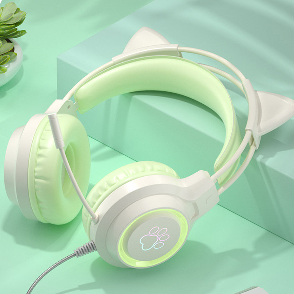 RGB Lighting Gaming Headset Cat Ear Headphone with Microphone Green
