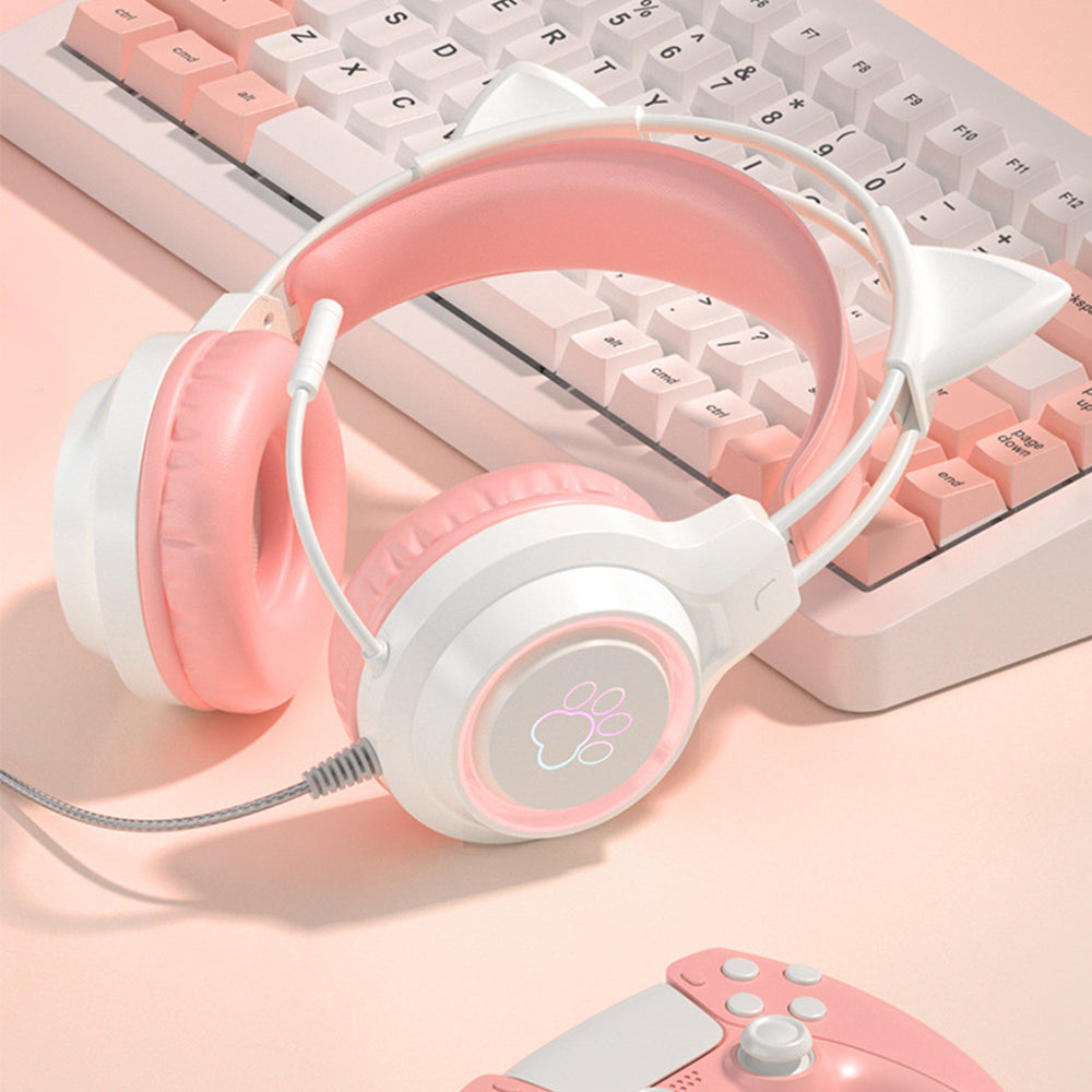RGB Lighting Gaming Headset Cat Ear Headphone with Microphone Pink