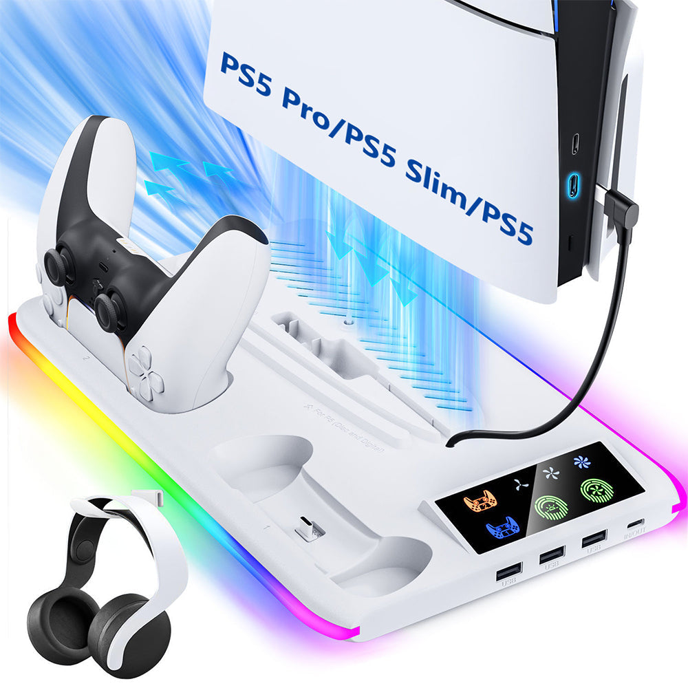 RGB Cooling and Charging Station Controller Charging Dock Headset Holder Compatible with PS5/PS5Pro/Slim/Disc/Digital Console