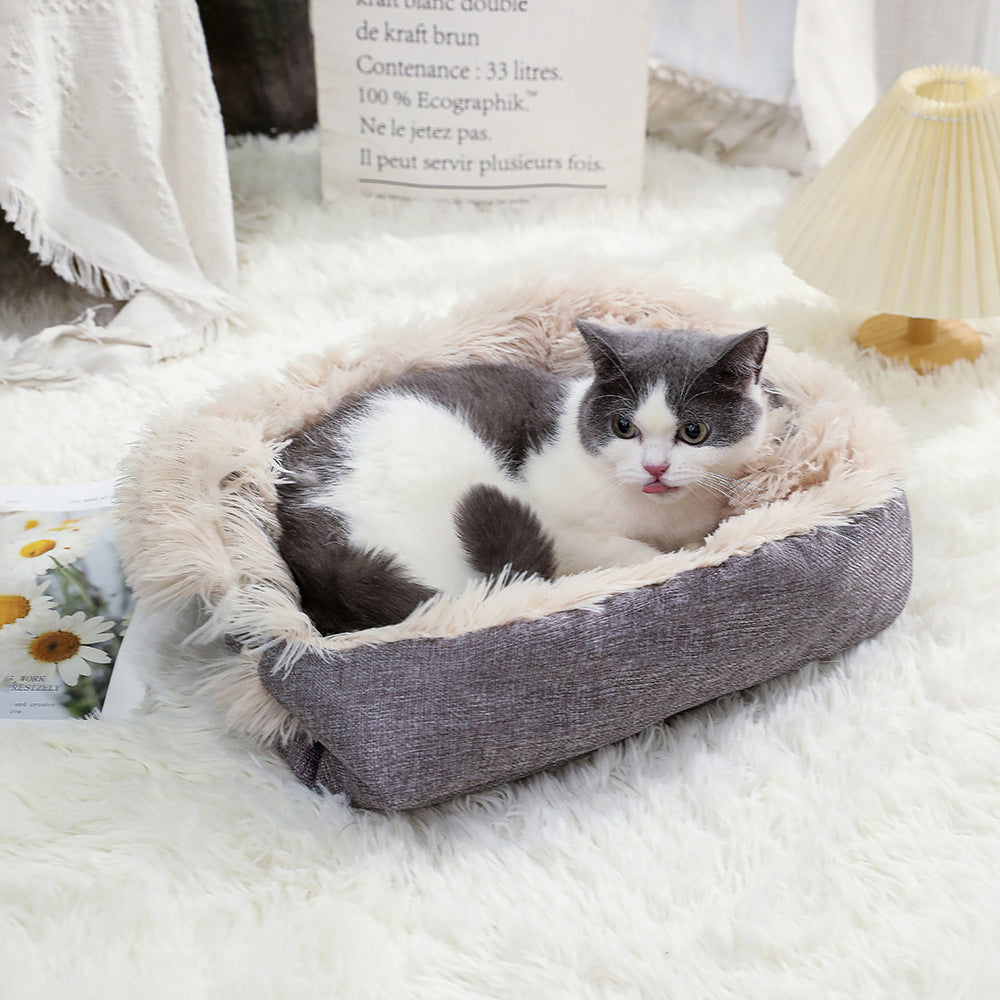 2-in-1 Soft Plush Pet Bed Warming Fluffy Mat for Cats Small Dogs Beige