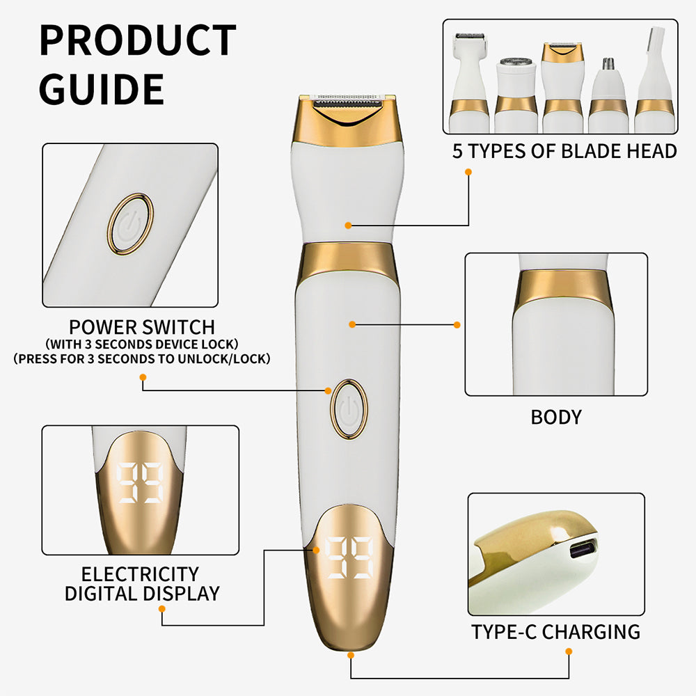 5 in 1 Rechargeable Electric Shaver with LED Display Hair Trimmer for Women Gold