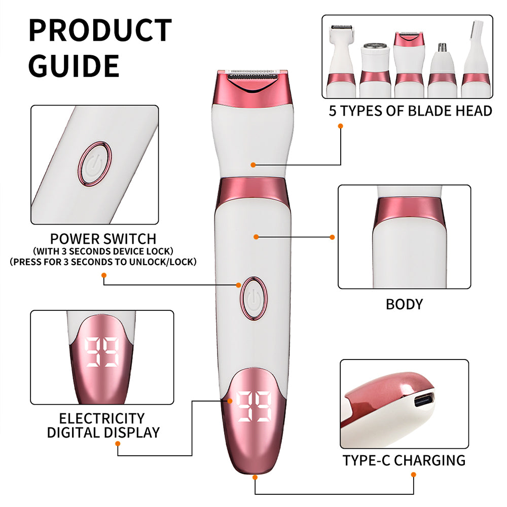 5 in 1 Rechargeable Electric Shaver with LED Display Hair Trimmer for Women Pink
