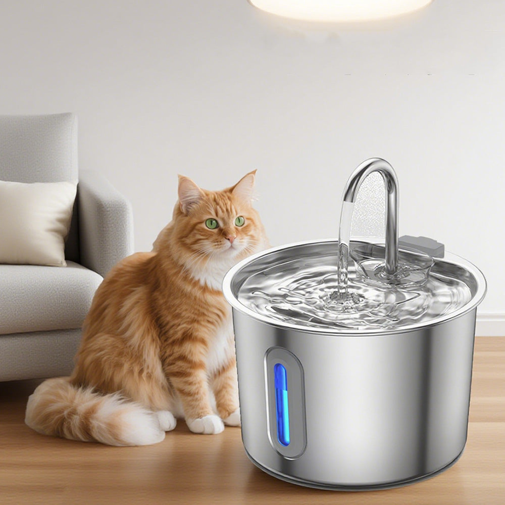 2.2L Stainless Steel Cat Water Fountain USB Powered Pet Drinking Bowl