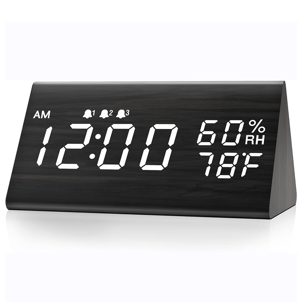 Wooden LED Digital Alarm Clock with USB Power and Night Light Display Black