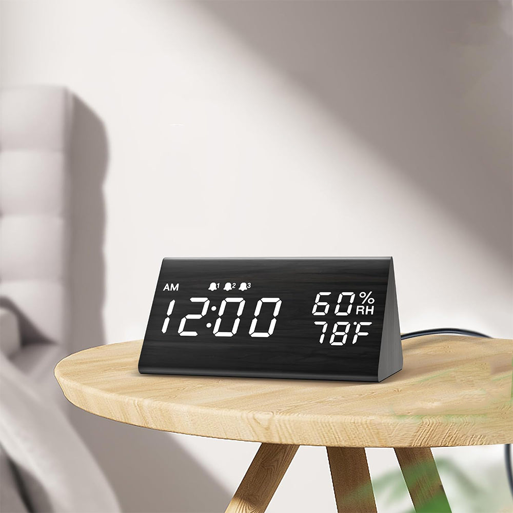 Wooden LED Digital Alarm Clock with USB Power and Night Light Display Black
