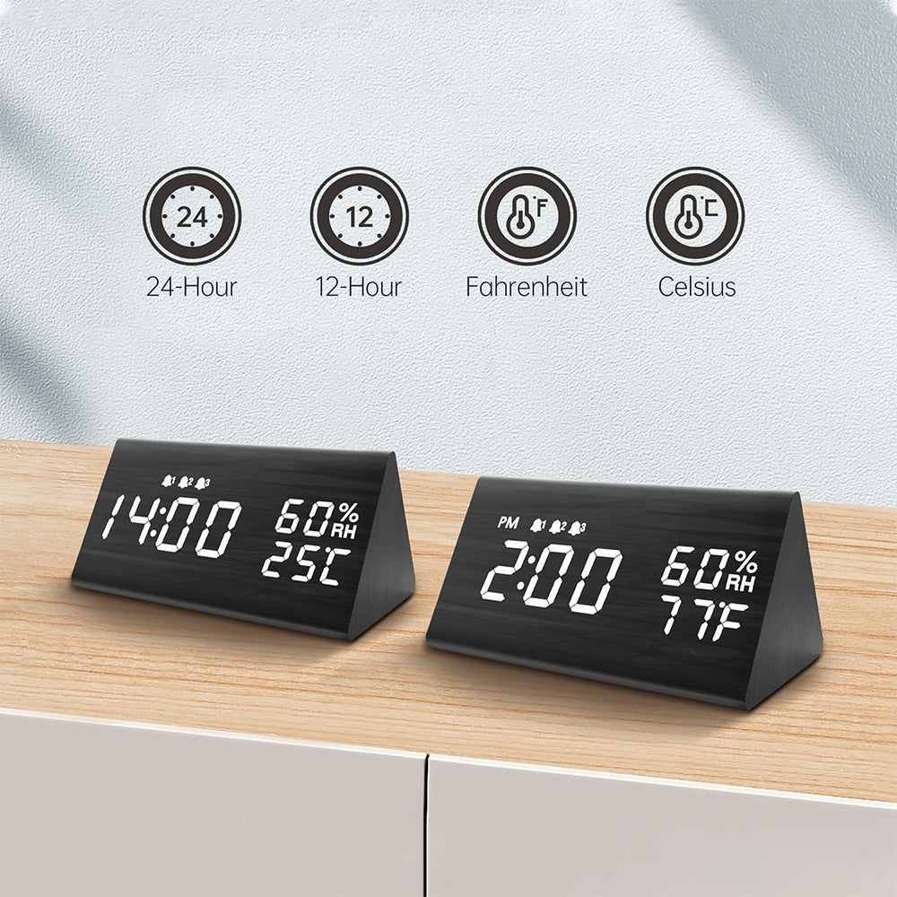 Wooden LED Digital Alarm Clock with USB Power and Night Light Display Black