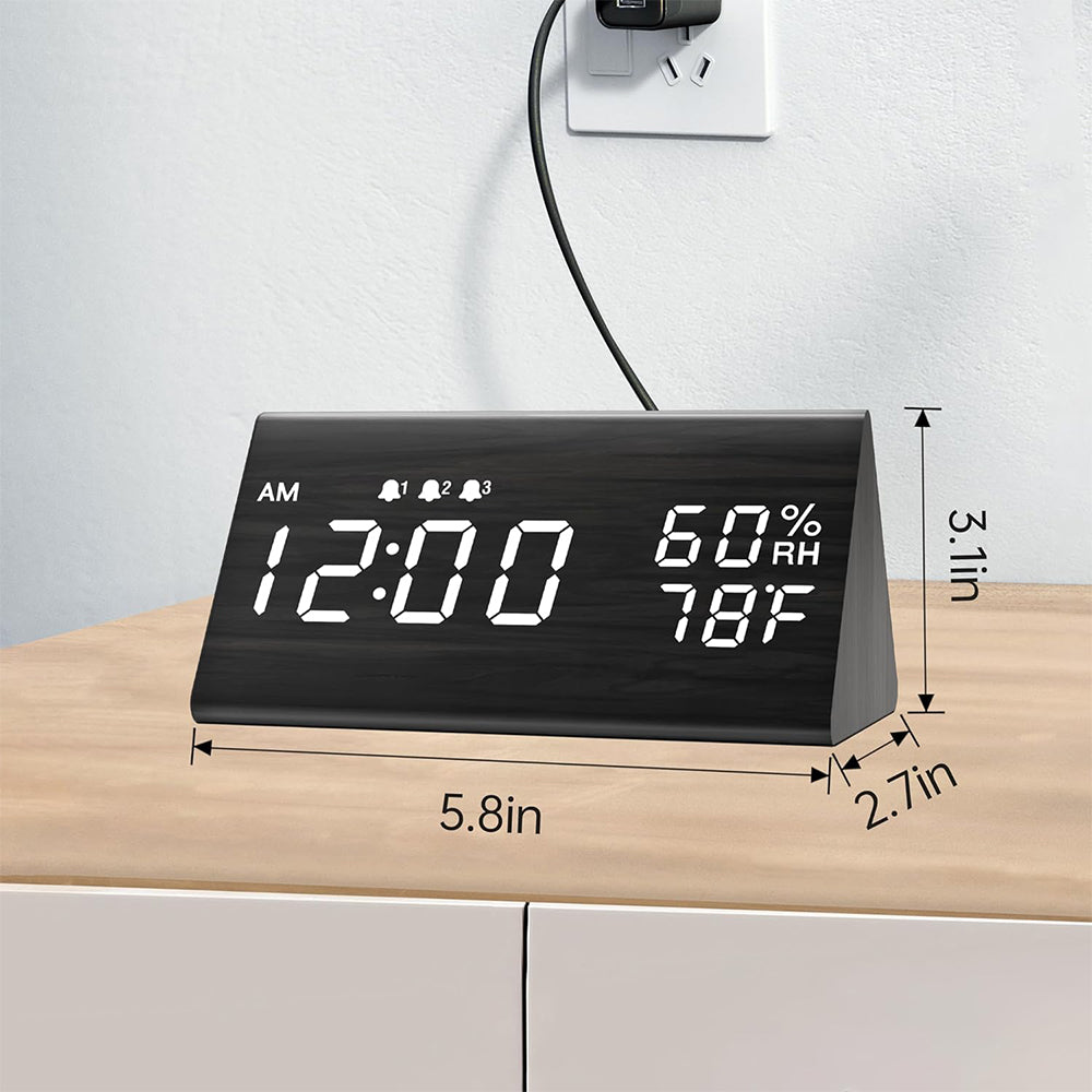 Wooden LED Digital Alarm Clock with USB Power and Night Light Display Black
