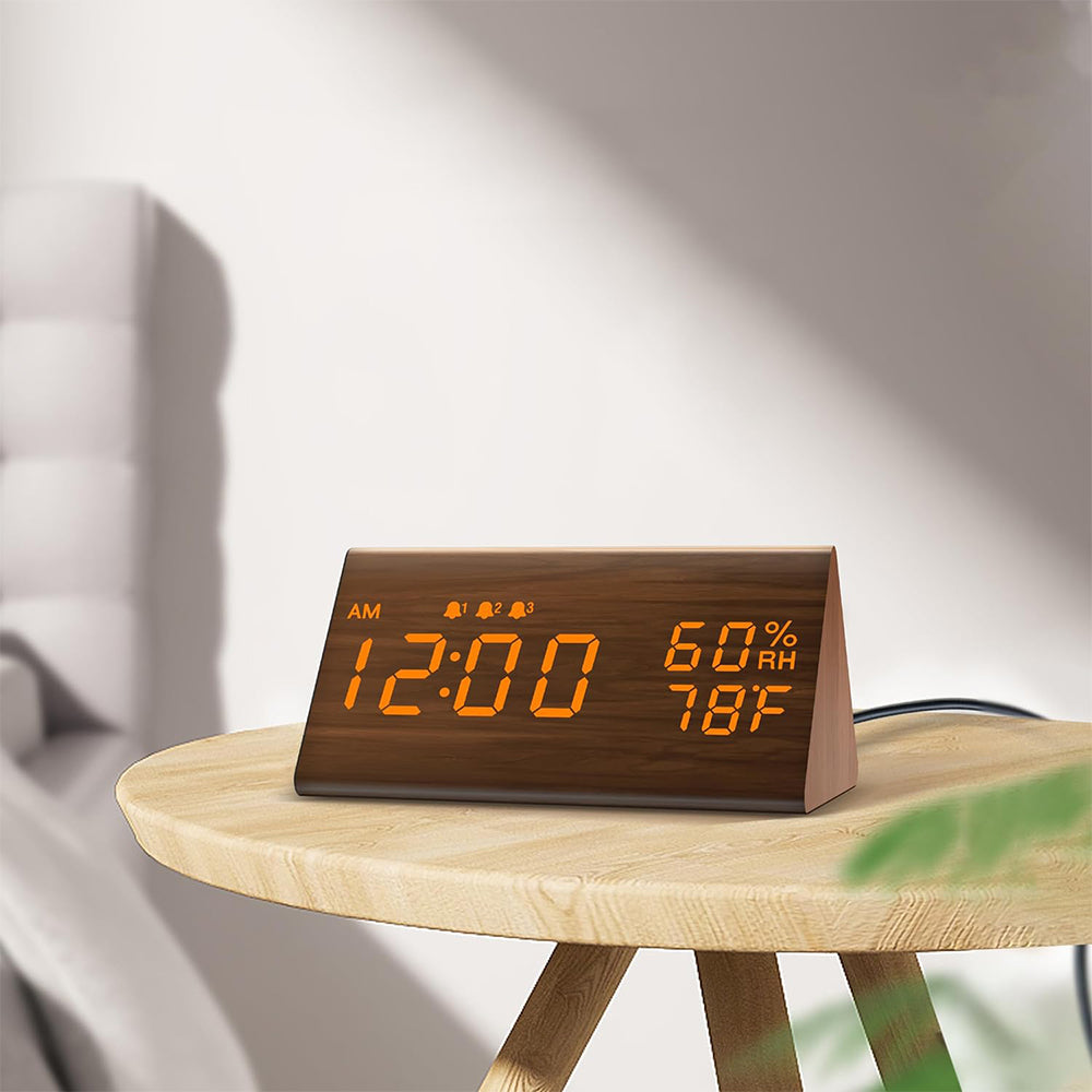 Wooden LED Digital Alarm Clock with USB Power and Night Light Display Brown