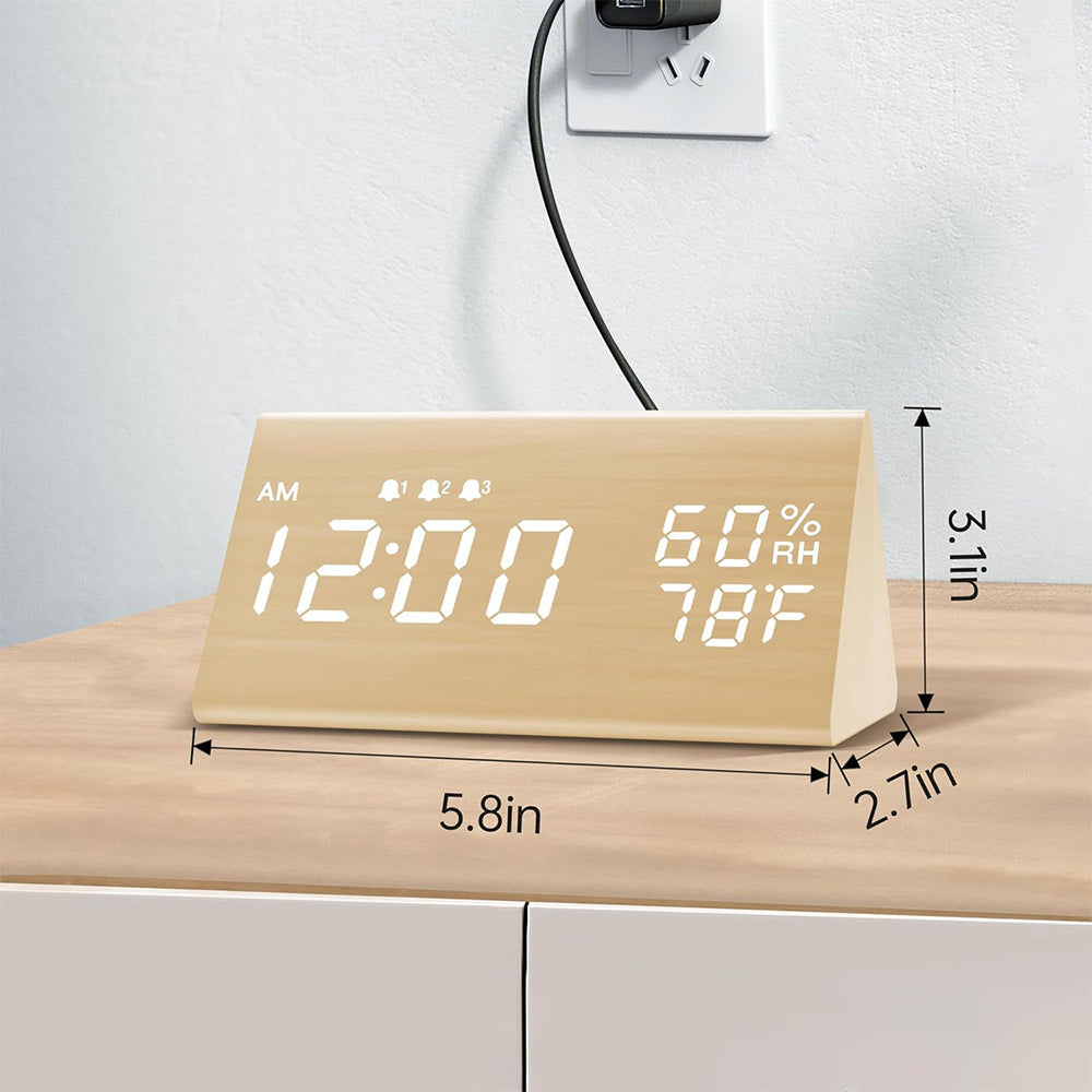 Wooden LED Digital Alarm Clock with USB Power and Night Light Display Bamboo White