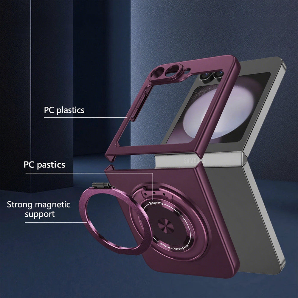 Shockproof Folding Case for Samsung Galaxy Z Flip7 with 360-Degree Ring Stand Burgundy
