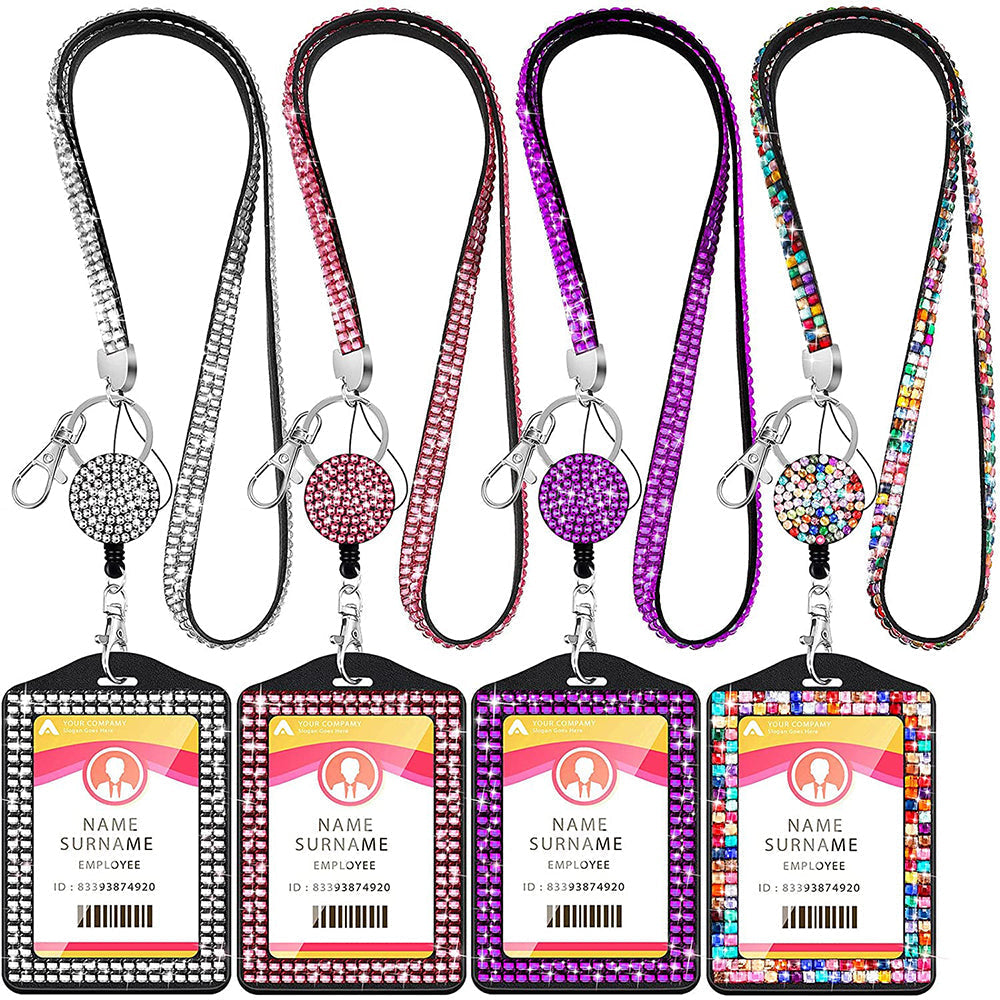 4Pcs Vertical PU Leather ID Badge Holder with Rhinestone Lanyard Metal Clip and Key Ring