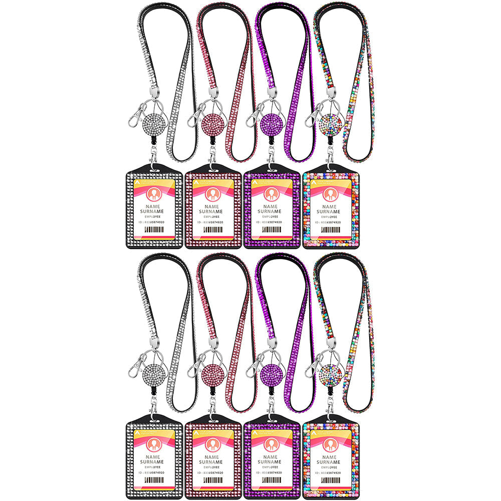 4Pcs Vertical PU Leather ID Badge Holder with Rhinestone Lanyard Metal Clip and Key Ring