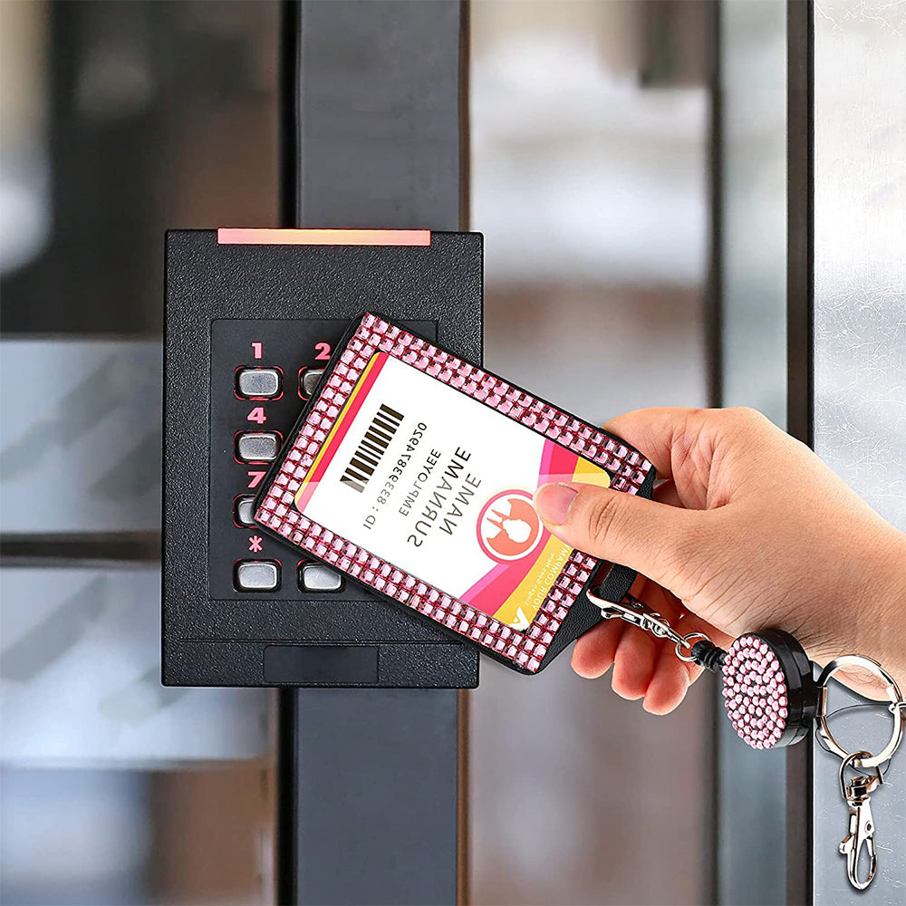 FancyGrab 4Pcs Vertical PU Leather ID Badge Holder with Rhinestone Lanyard Metal Clip and Key Ring