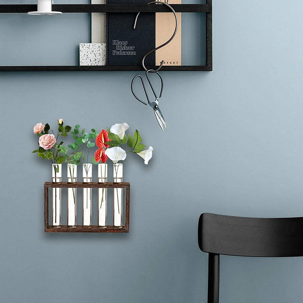 Wall Hanging Glass Planter Tabletop Plant Terrarium Flower Vase with 5 Test Tube for Home Office Decoration