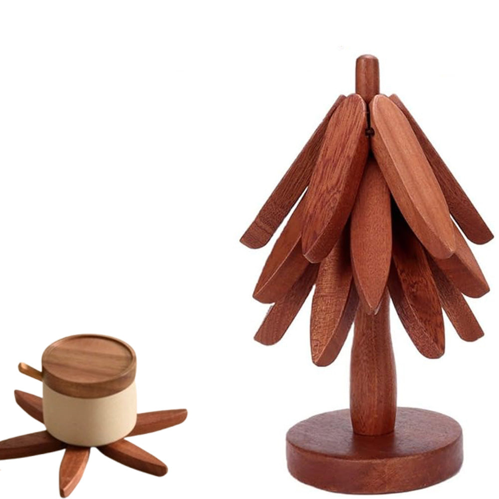 4Pcs Christmas Tree Coasters Wooden Tree Shape Trivets for Hot Dishes with Stand Dark Brown