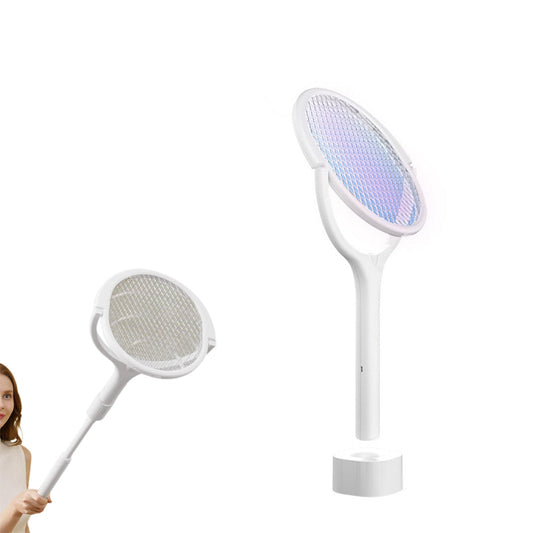 Electric Mosquito Racket Rotating Head Fly Swatter Telescopic Mosquito Zapper with Base