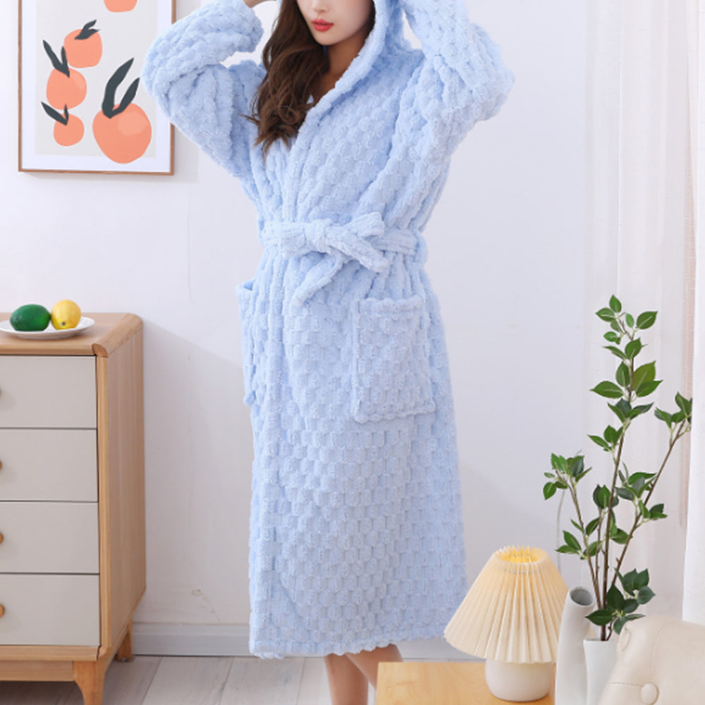 Women Bathrobe Long Winter Warm Wearable Bathrobe Blue