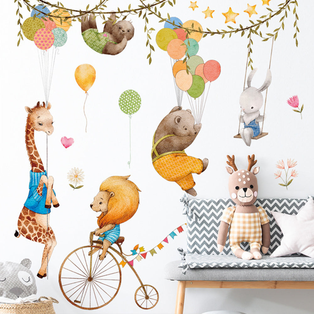 Jungle Animals Wall Stickers Lion Giraffe Flying with Balloon Wall Decals Kids Room Baby Room Nursery Bedroom Wall Decor