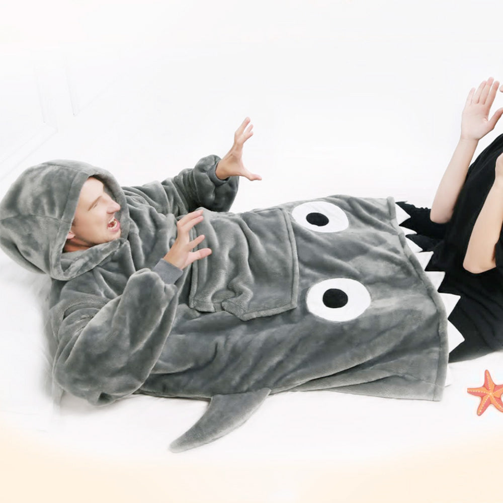 Shark Hoodie Blanket Cartoon Sleeping Wearable Adult Throw Blanket Grey