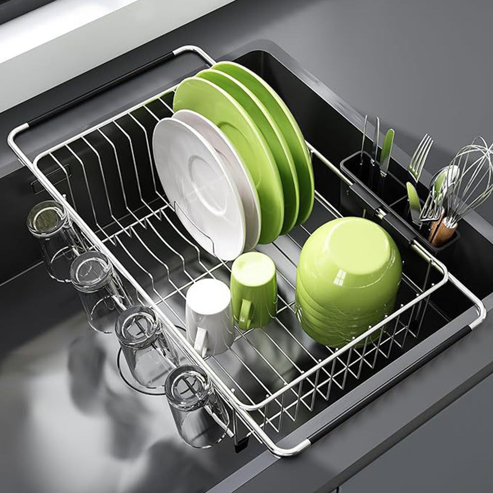 Expandable Stainless Steel Over Sink Dish Drying Rack with Utensil Holder - Silver