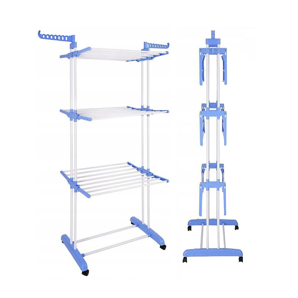 4-Tier Clothes Drying Rack Foldable Laundry Drying Rack with Wheels Blue