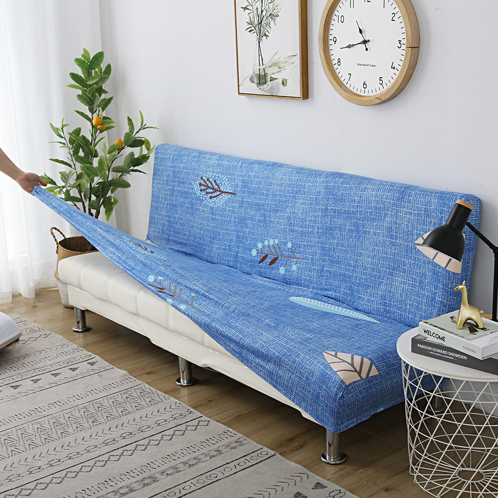 Printed Armless Futon Slipcovers Stretch Folding Sofa Bed Cover with Elastic Bottom -Blue