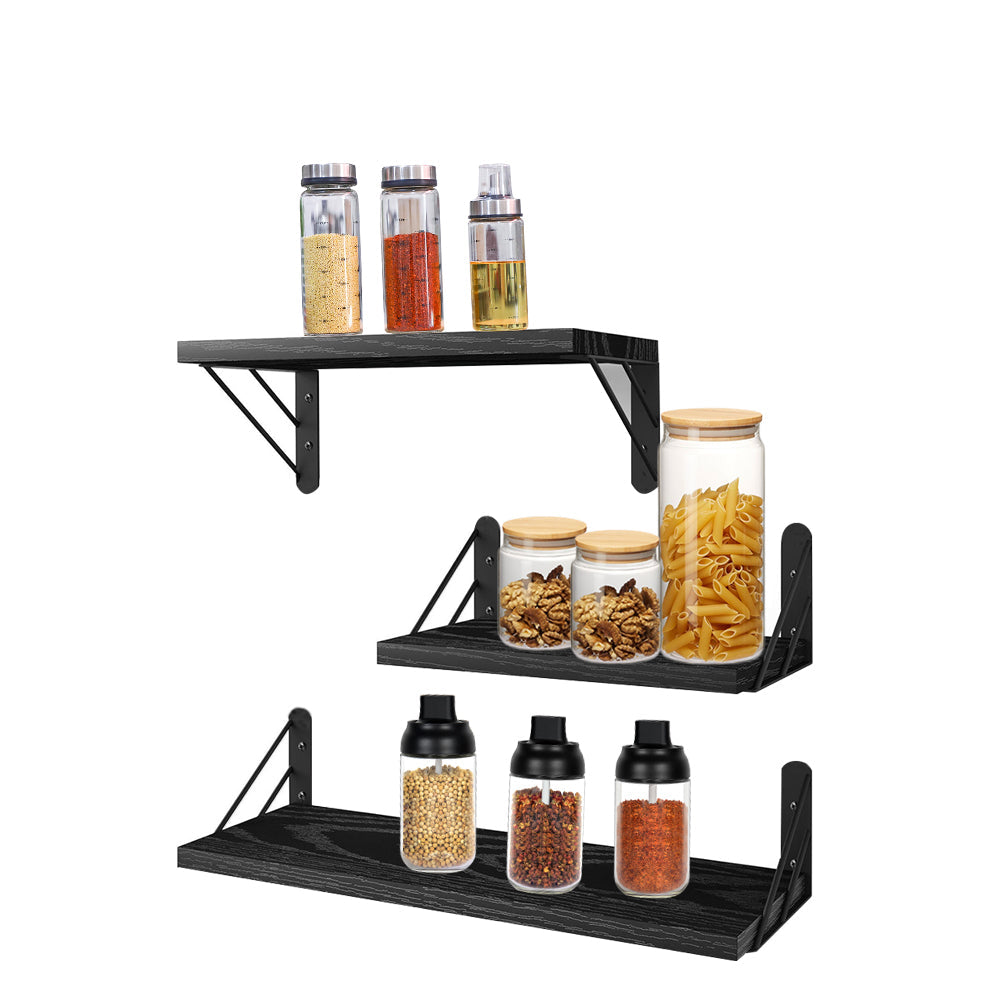 Set of 3Pcs Wall Mounted Wood Floating Shelves Storage Display Racks Black