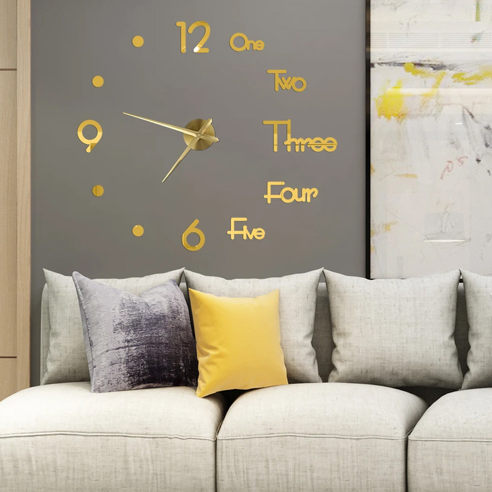 3D Wall Clock Acrylic Modern Mirror Surface DIY Clock Home Office Decor Gold