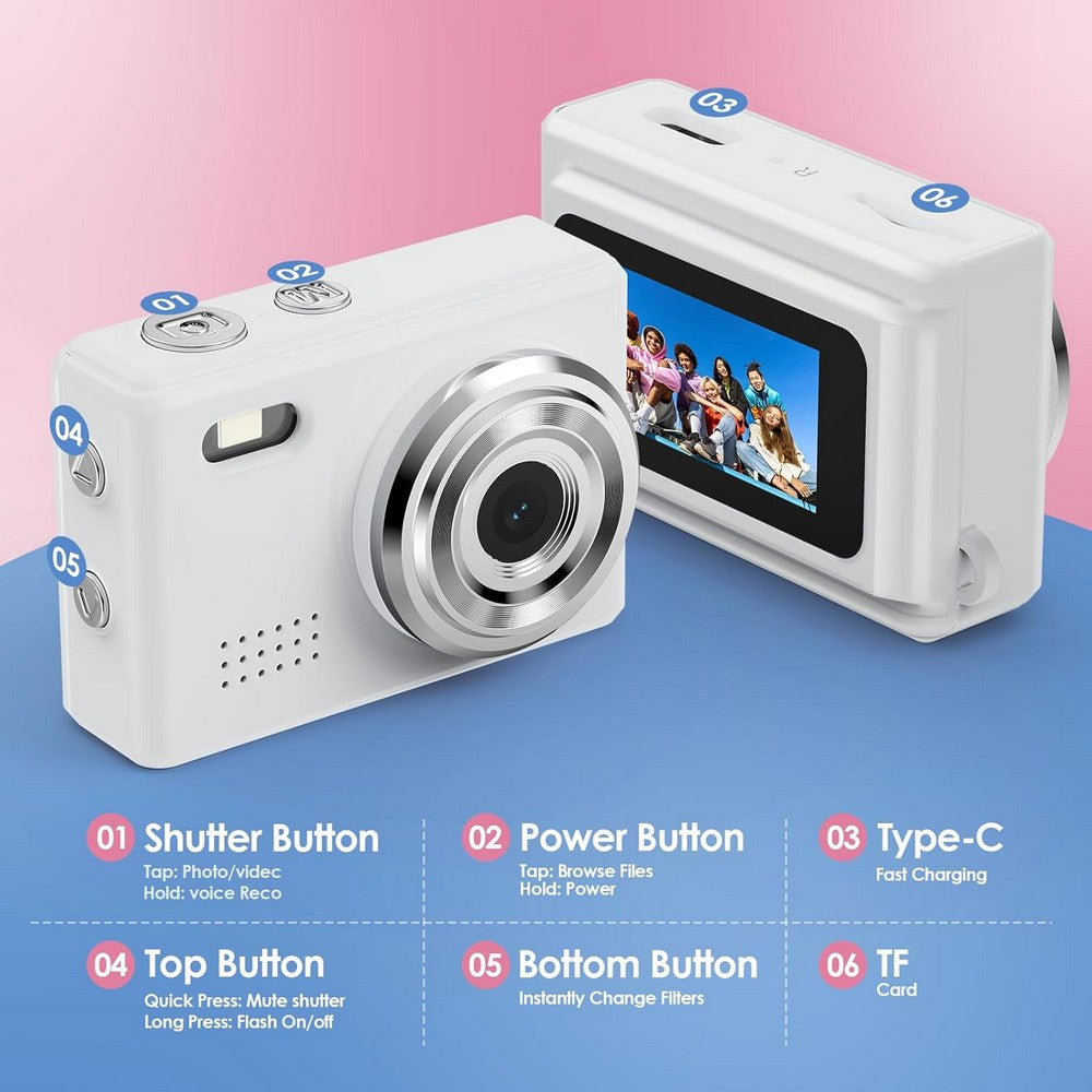 Mini Thumb Digital Camera 2MP Keychain Camera for Vlog and Travel-White