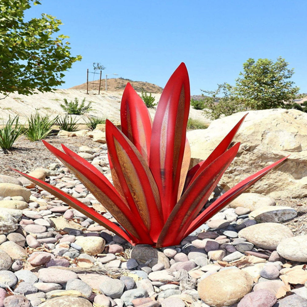 Metal Art Agave Decorative Sculpture 9-Leaf Artificial Plant Decorations Garden Ornament Red
