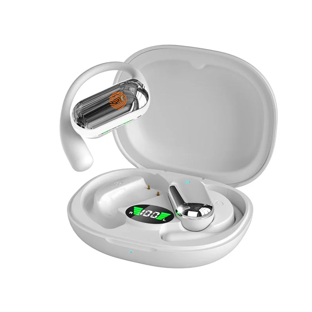 Wireless Bluetooth 5.4 Earbuds Touch Control Earhook Earphones Sports Earbuds with Digital Display Case White
